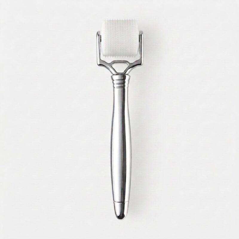 电商白底图银色滚轮美容仪-俯视 Metal Derma Roller Handle for Hyaluronic Acid Microneedle, Compatible with Soluble HA Microneedle Roller Head