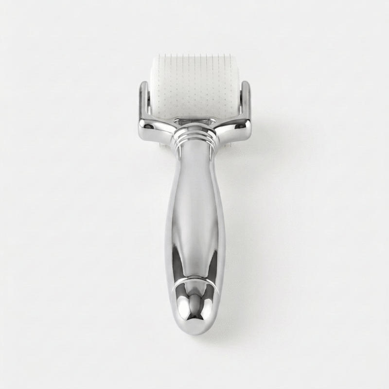 电商白底图银色滚轮美容仪-底部 Metal Derma Roller Handle for Hyaluronic Acid Microneedle, Compatible with Soluble HA Microneedle Roller Head