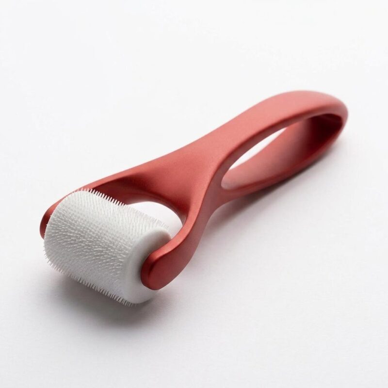 红色手柄微针滚轮-底部 Matte Full Metal Integrated Derma Roller, Luxury Frosted Straight Handle Microneedling Tool