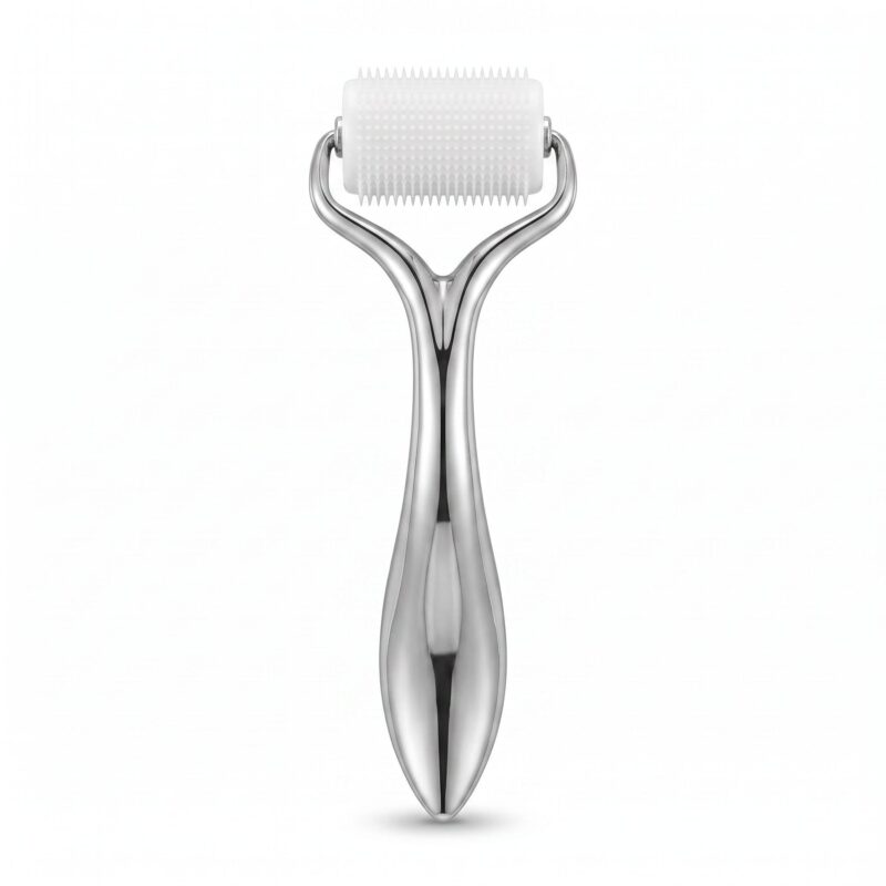 银色流线型滚轮美容仪-正面 Fish-tail Streamline Derma Roller Handle for Hyaluronic Acid Microneedle, Compatible with Soluble HA Microneedle Roller Head