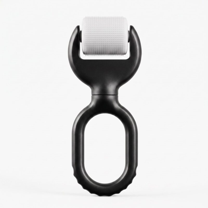 黑色双环滚轮美容仪-正面 Loop Grip Plastic Derma Roller, Ring Handle Microneedling Tool For Face Serum Absorption