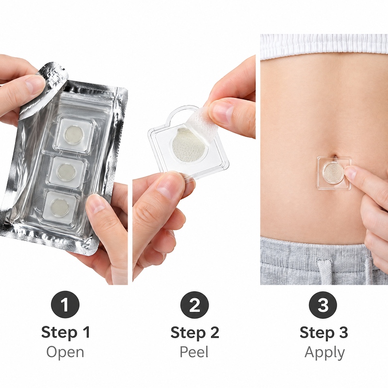 小微晶贴减肥贴-图05-使用步骤 Usage Steps Small Microcrystal Patches 3 per Pouch