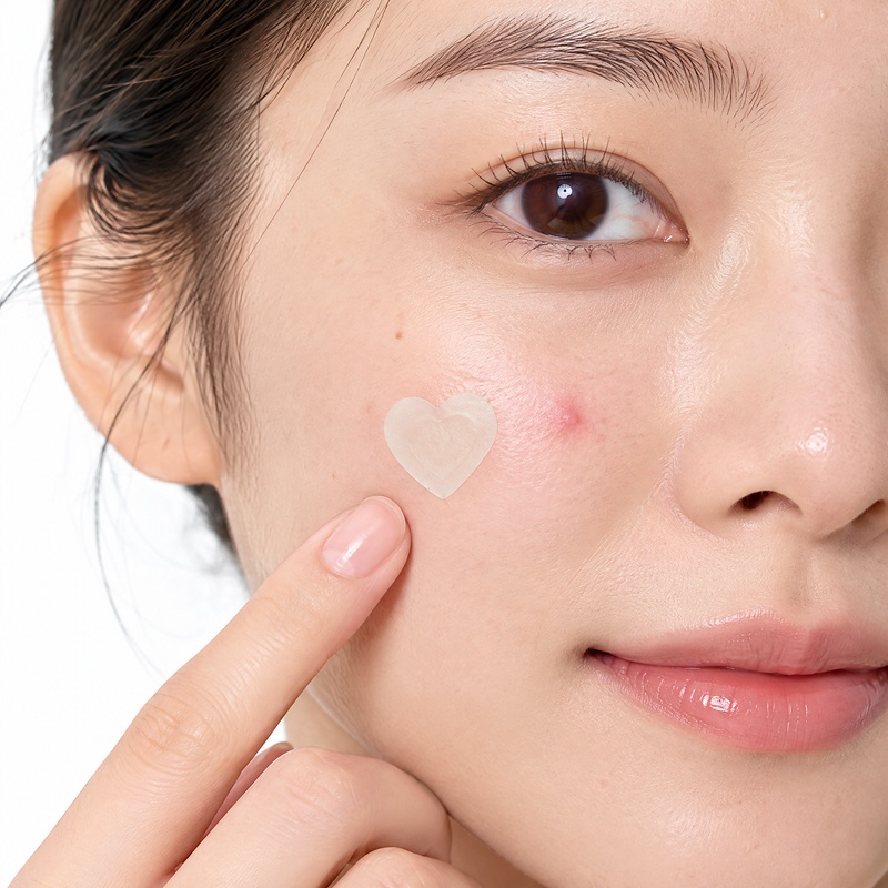 透明爱心痘痘贴-图04-贴敷特写 Application Closeup Clear Heart Acne Patches