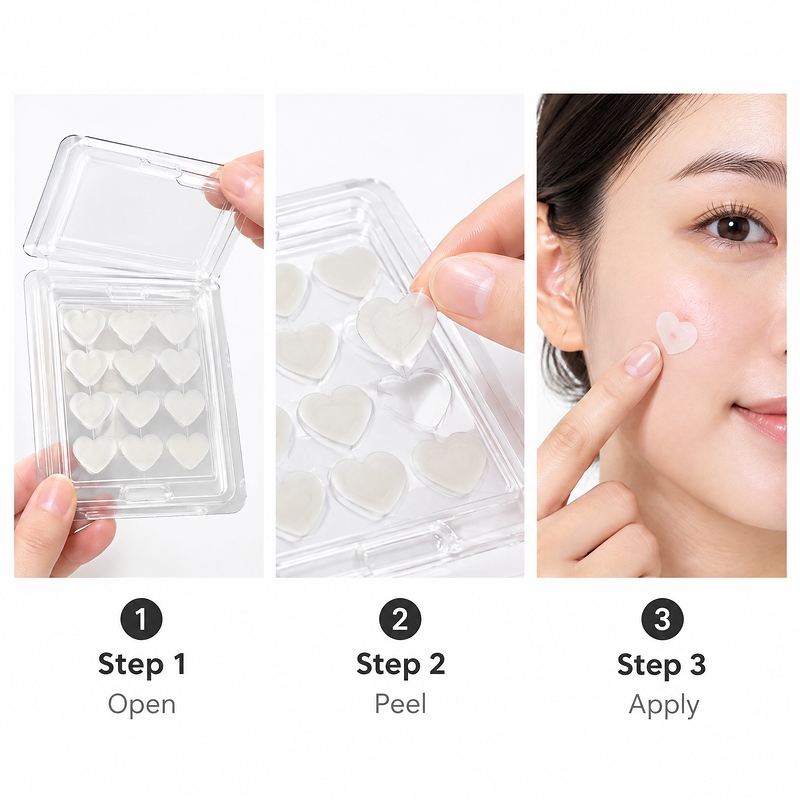 透明爱心痘痘贴-图05-使用步骤 Usage Steps Clear Heart Acne Patches