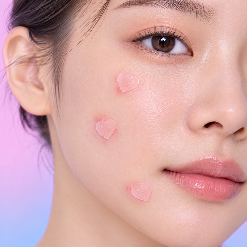透明粉爱心痘痘贴-图04-贴敷特写 Application Closeup Clear Pink Heart Acne Patches