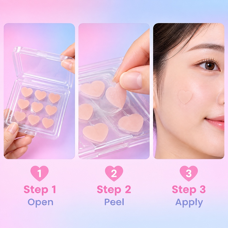 透明粉爱心痘痘贴-图05-使用步骤 Usage Steps Clear Pink Heart Acne Patches